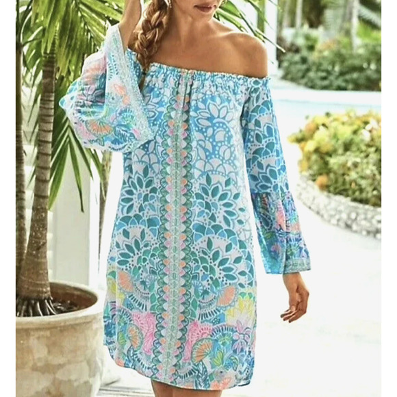 Lilly Pulitzer Nevie Dress Size XS Caribbean Citrus Off Shoulder Tropical Beachy - Picture 11 of 11
